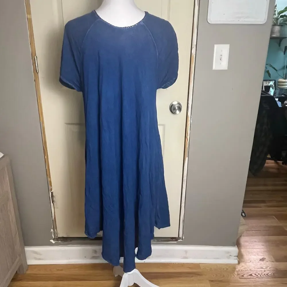 Boho Indie Blue Embroidered Swing Dress Free Size Festival India beach swim